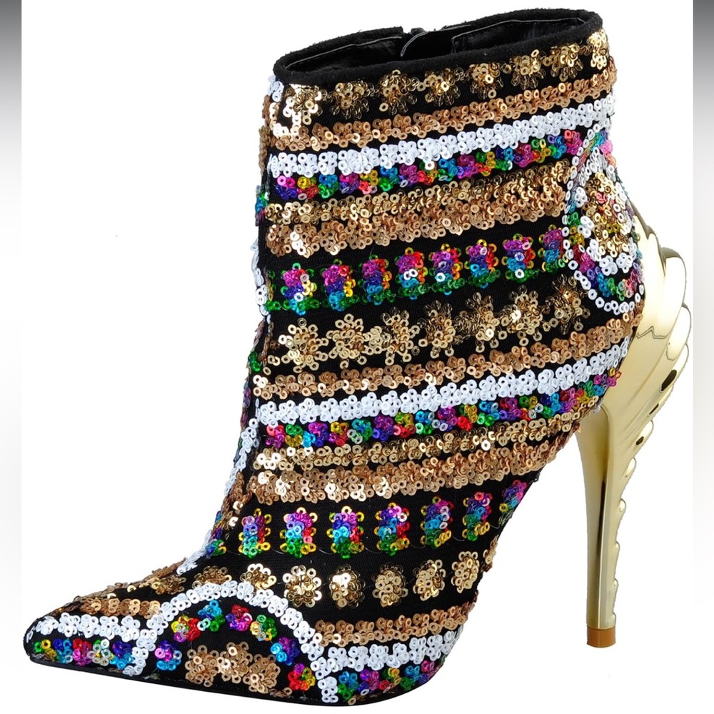 New Sequin gold rainbow black white stiletto ankle booties boots high heels